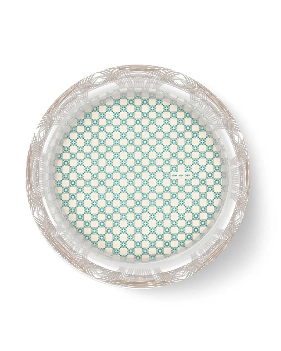 top view of clear inflatable pool with rattan colored lines and scalloped top