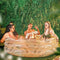 models relaxing in clear inflatable pool with rattan colored lines and scalloped top