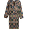 brown mid length coat with front lapel, button front and colorful checkered patches