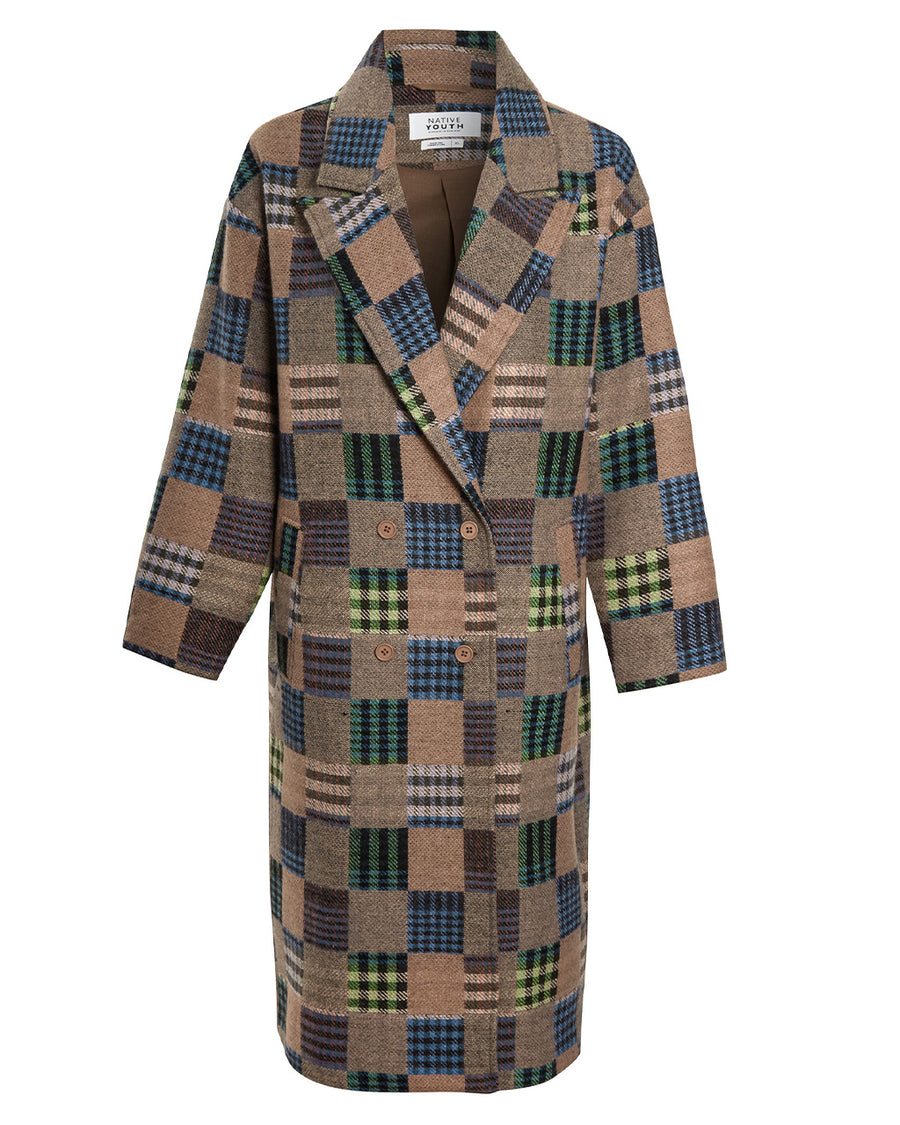 brown mid length coat with front lapel, button front and colorful checkered patches