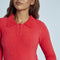 up close of model wearing red fuzzy textured long sleeve polo neck top