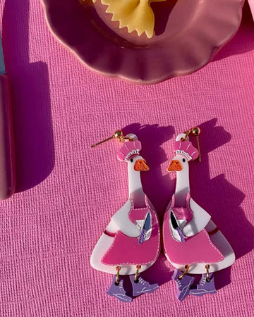pair of geese dressed in pink chef costume earrings