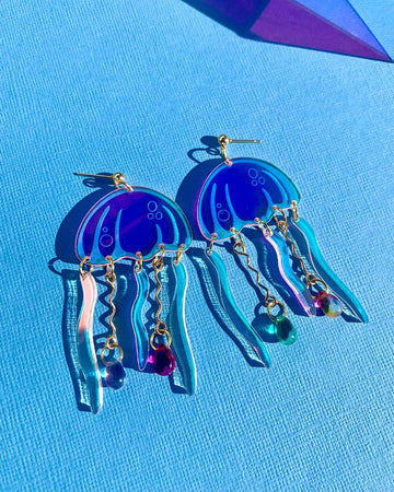 blue jellyfish dangle earrings with beaded tentacles