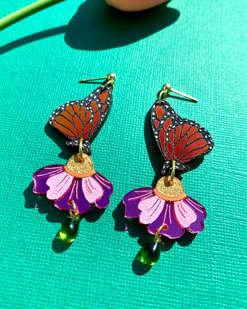 monarch earrings with purple flowers dangle earrings