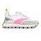 white sneakers with pink and silver accents with grey speckled lug sole