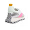 back view of white sneakers with pink and silver accents with grey speckled lug sole