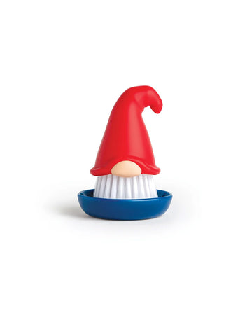 gnome dish brush with red hat and blue tray