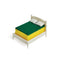 white mini bed frame with green and yellow kitchen sponge on it