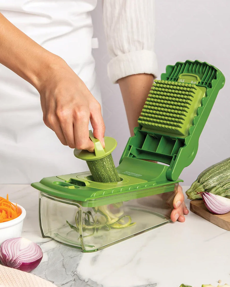 spiralizer on green crocodile shaped veggie chopper