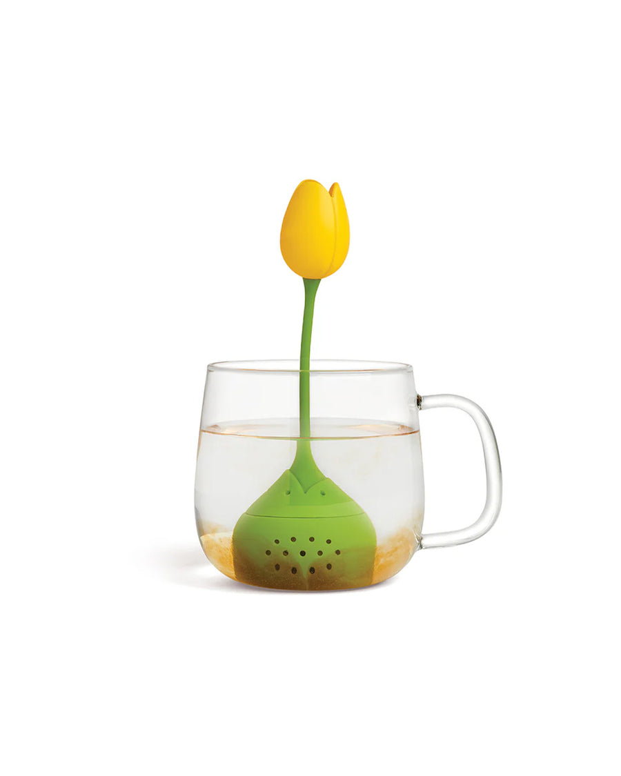 yellow tulip infuser in a clear cup