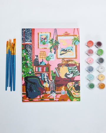 painted mini paint by numbers kit with cozy cats in holiday decorated living room, 5 paintbrushes and 12 pots of paints