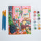 painted mini paint by numbers kit with cozy cats in holiday decorated living room, 5 paintbrushes and 12 pots of paints