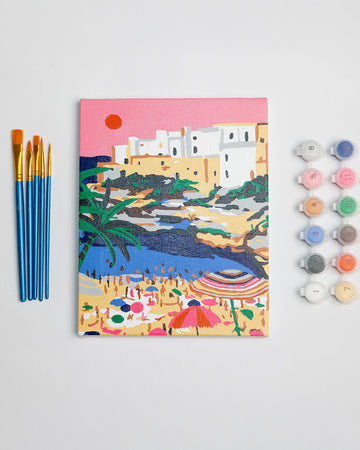 painted colorful italian summer mini paint by numbers kit with 5 paintbrushes and 12 pots of paint