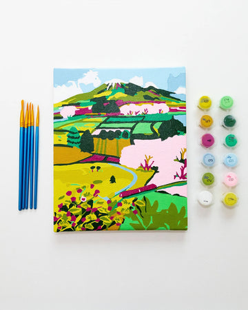 painted colorful japanese countryside mini paint by numbers kit with 5 paintbrushes and 12 pots of paint