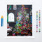 painted paint by numbers kit with decorated christmas tree and dark room design and includes 5 paintbrushes and paint pots