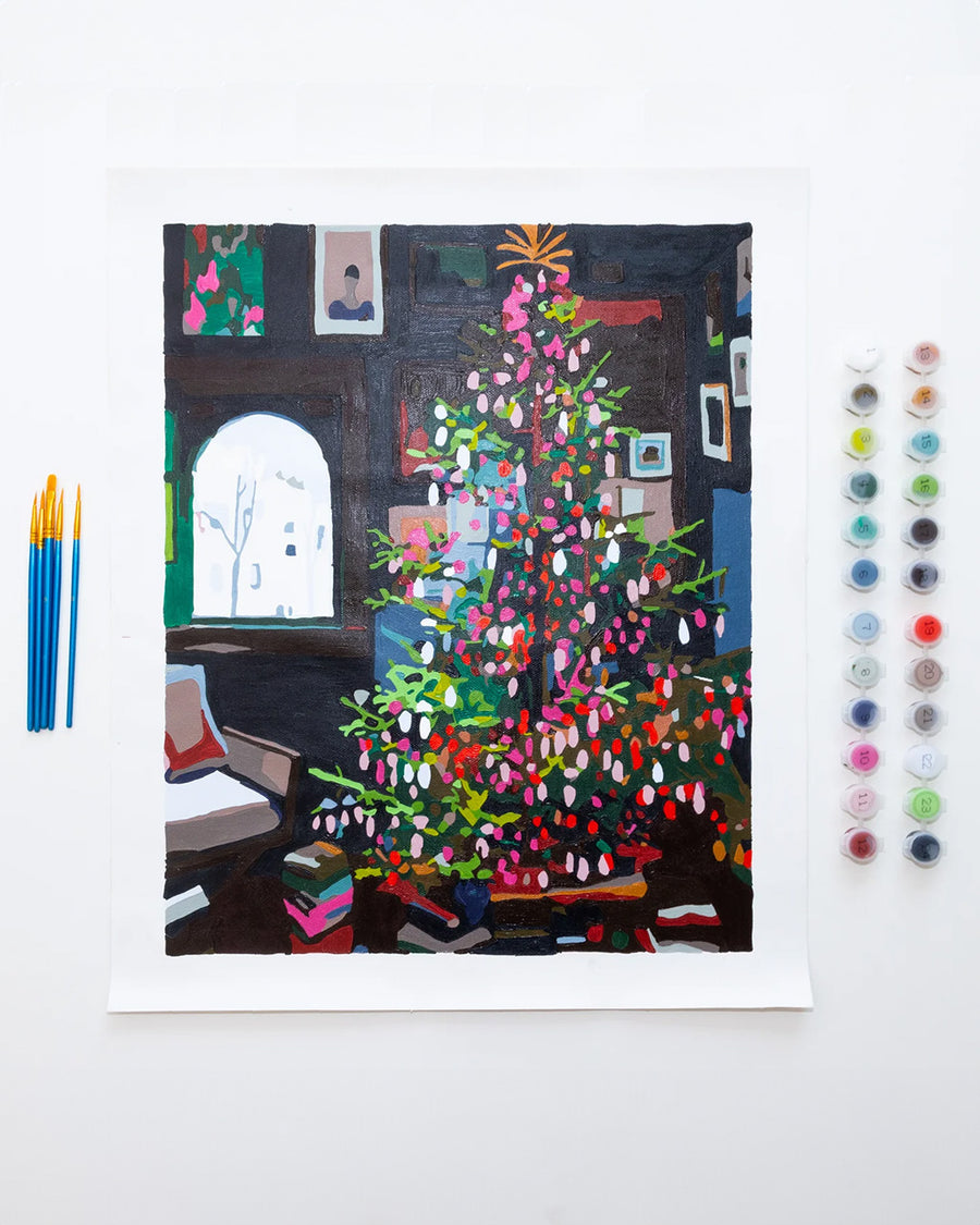 painted paint by numbers kit with decorated christmas tree and dark room design and includes 5 paintbrushes and paint pots