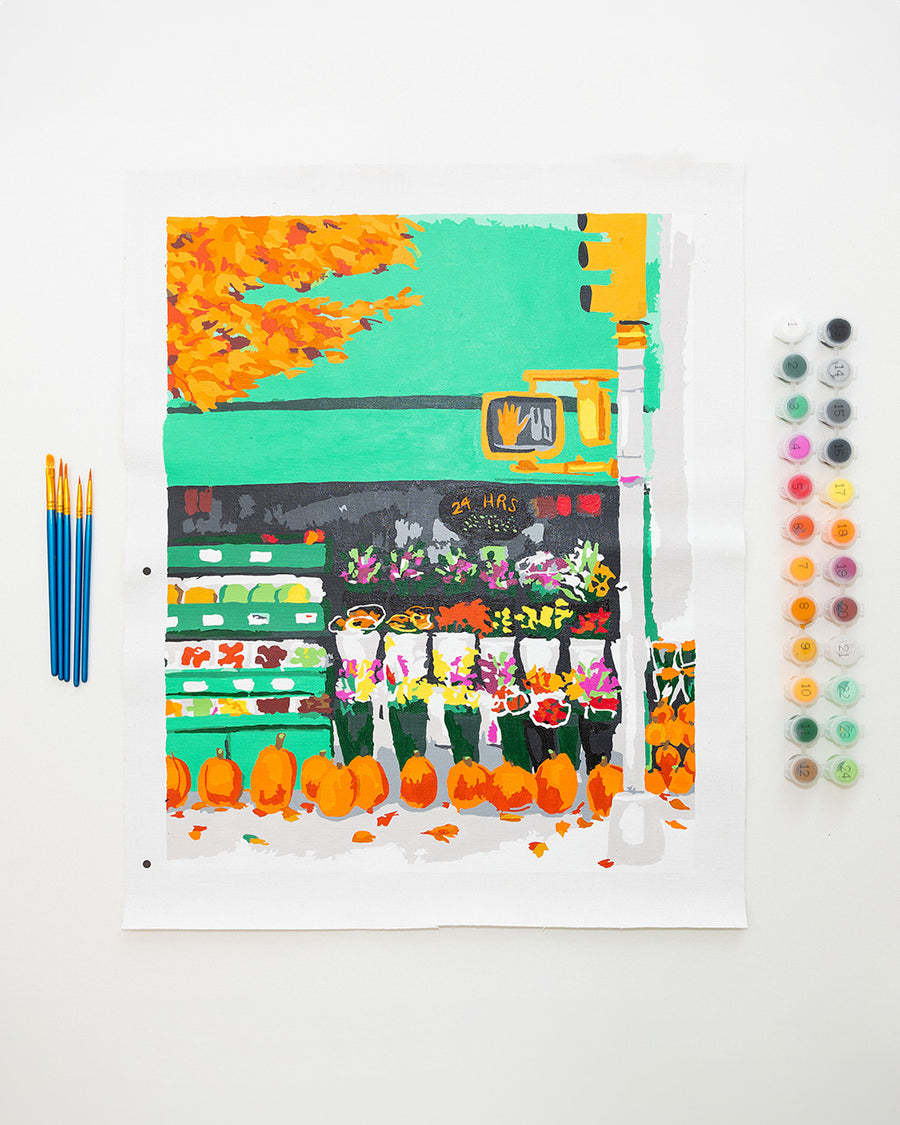 painted bodega paint by numbers kits with colorful NYC bodega scene, 5 paint brushes and pots of paint