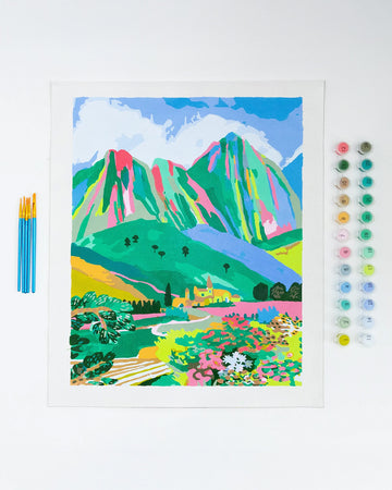 painted colorful dolomites paint by numbers kit with 5 paintbrushes and 24 pots of paint