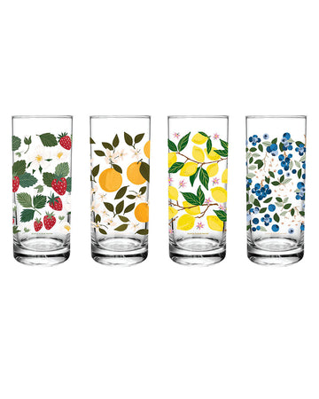 set of 4 tall berry and citrus hand painted glass set: strawberry, orange, lemon and blueberries