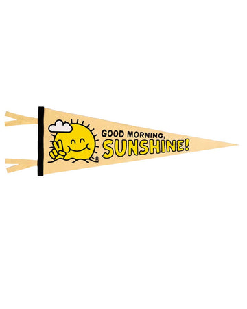 cream pennant with black trim and black and yellow 'good morning sunshine!' typography and sun print