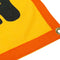 up close of yellow wool flag with orange banner and black 'lost & found & lost again'