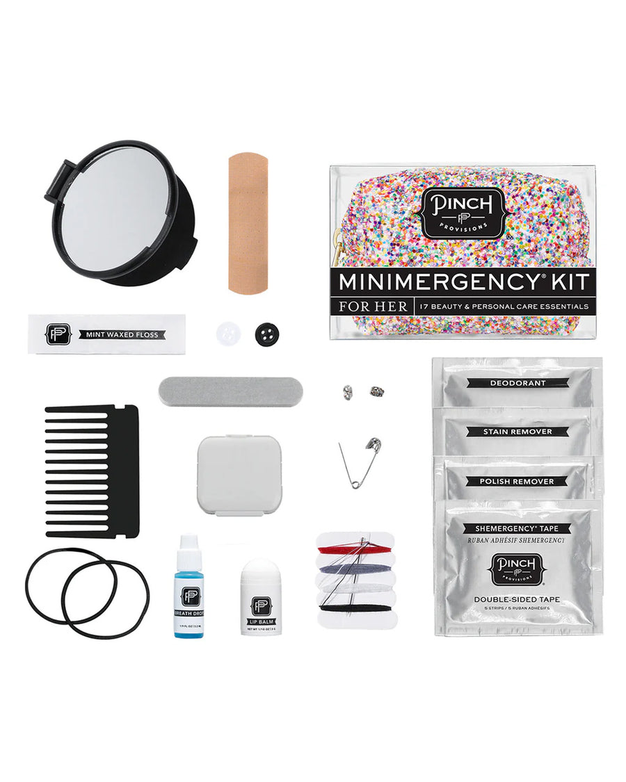 Contains: Stain remover
Emery board
Double-sided tape
Pill container
Safety pin
Mending kit
Mini comb with hair bands
Lip balm
Dental floss
Earrings backs
Adhesive bandage
Nail polish remover pad
Deodorant towelette
Extra buttons
Compact Mirror
Breath drops