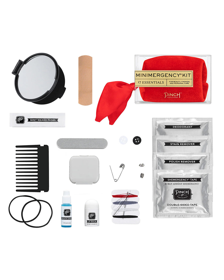 Contains: Contents:
Stain remover
Emery board
Double-sided tape
Pill container
Safety pin
Mending kit
Mini comb with hair bands
Lip balm
Dental floss
Earrings backs
Adhesive bandage
Nail polish remover pad
Deodorant towelette
Extra buttons
Compact Mirror
Breath drops