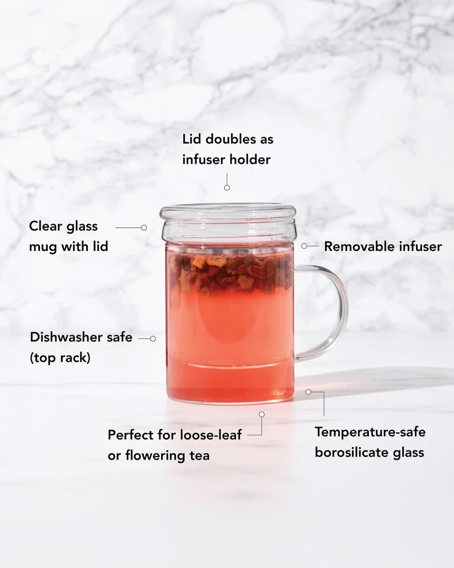 lid doubles as a infuser holder, clear glass mug with lid, removable infuser, dishwasher safe (top rack), perfect for loose leaf or flowering tea and temperature-safe borosilicate glass