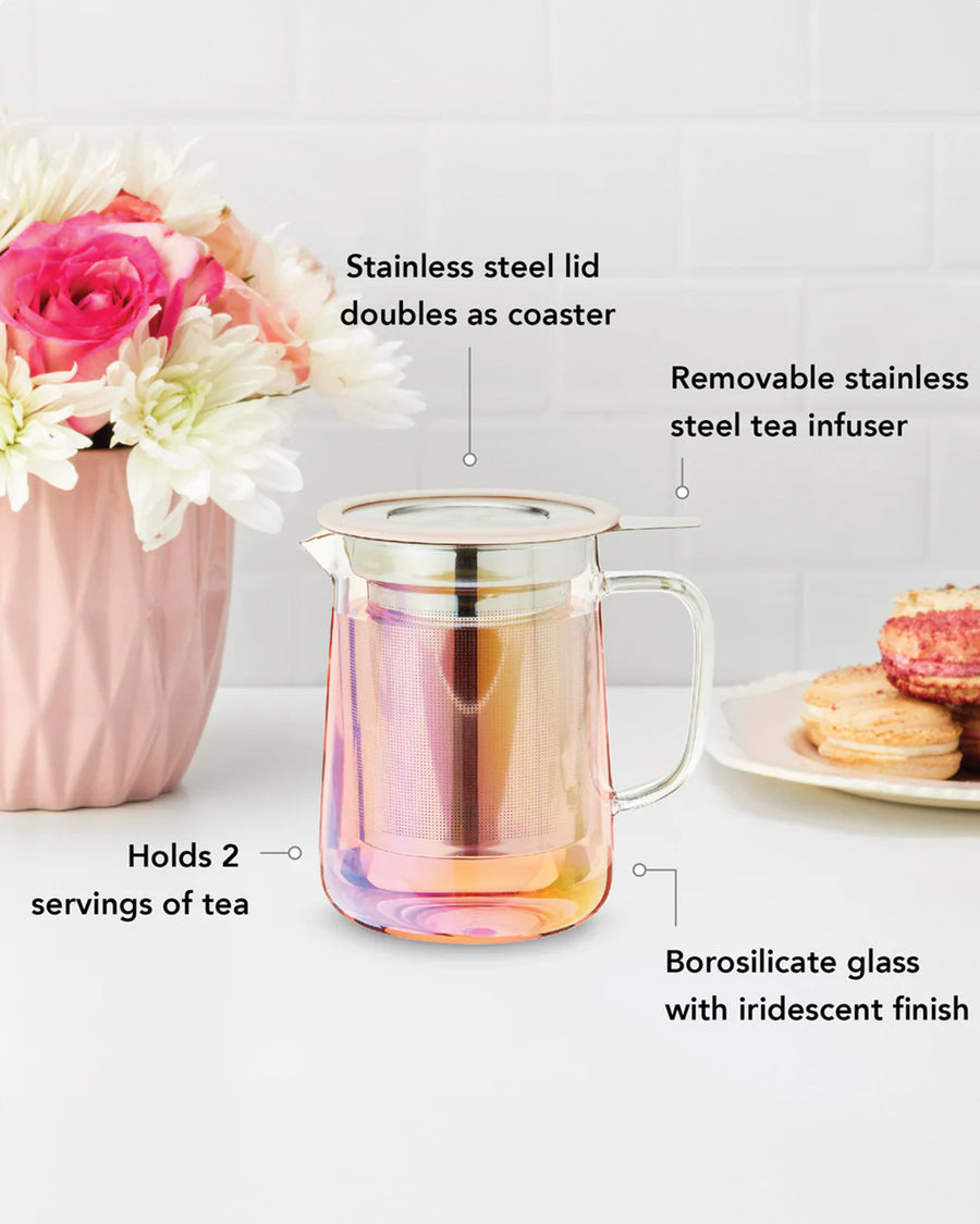 stainless steel lid doubles as a coaster, removable stainless steel tea infuser, holds 2 servings of tea, borosilicate glass with iridescent finish