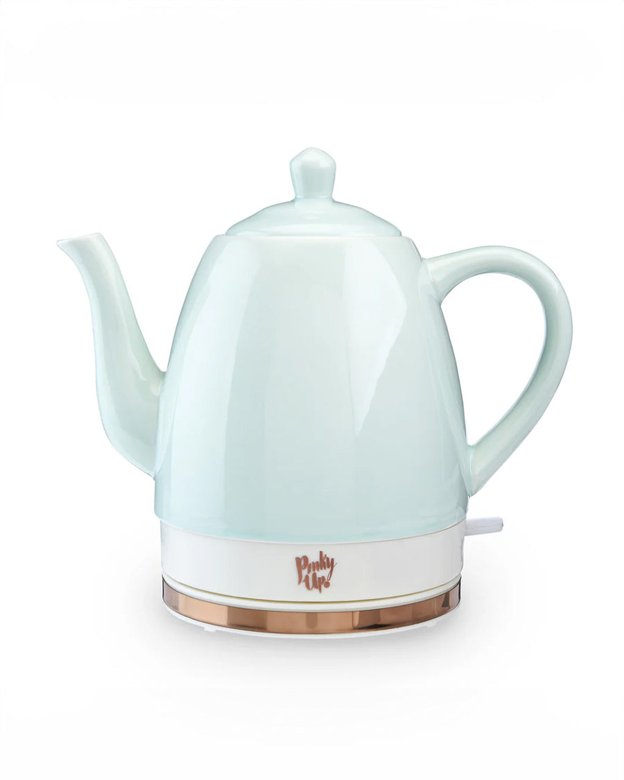 mint ceramic electric tea kettle with rose gold accents