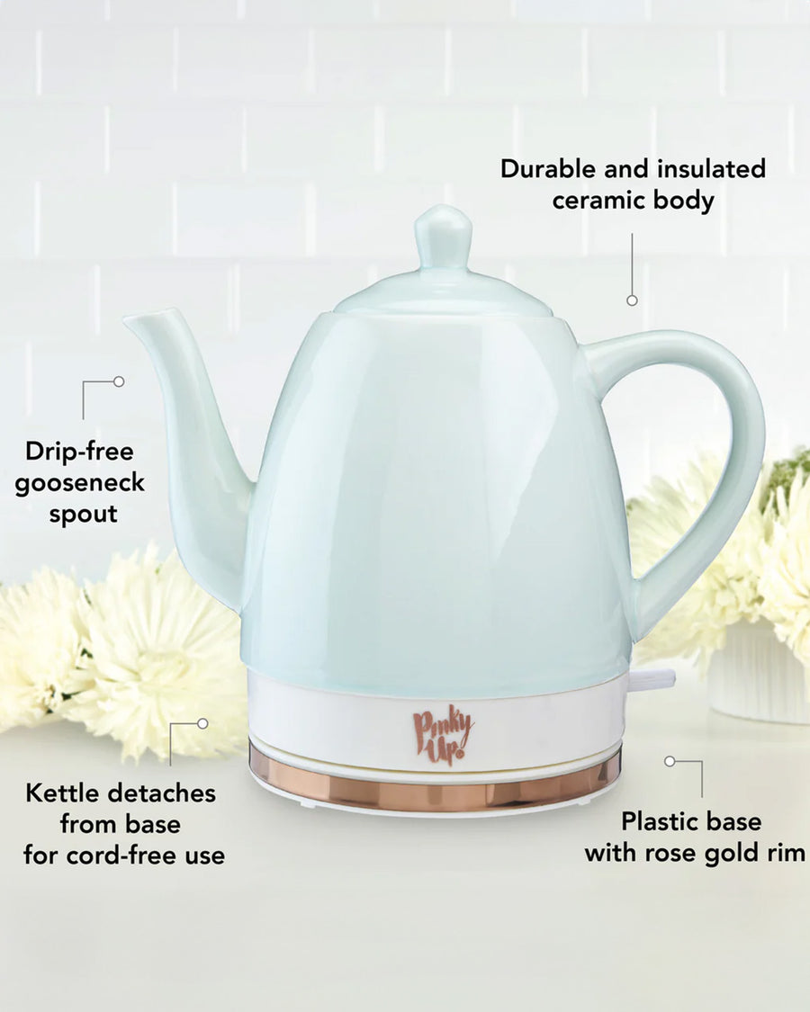 durable and insulated ceramic body, plastic base with rose gold rim, kettle detached from base for cord-free use, drip-free gooseneck spout