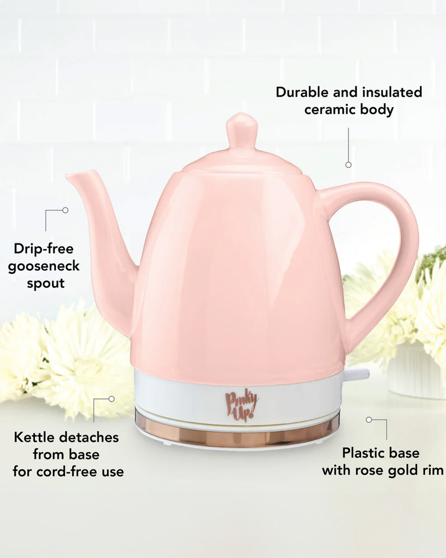 durable and insulated ceramic body, plastic base with rose gold rim, kettle detached from base for cord-free use, drip-free gooseneck spout