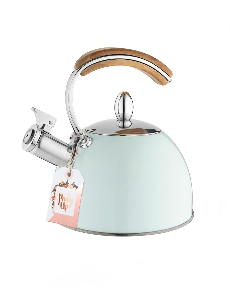 mint 70 oz classic whistling tea kettle with wooden handle with pinky's up tag on it