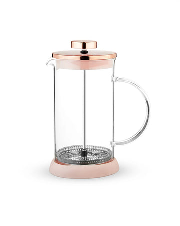 rose gold mini glass tea press with silver press pieces