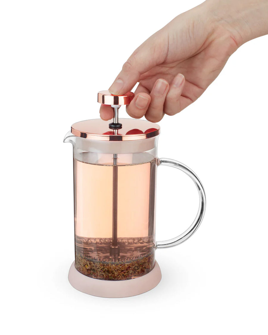 model using rose gold mini glass tea press with silver press pieces