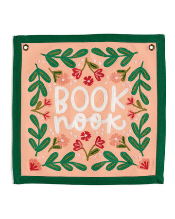 14 in. x 14 in. colorful embroidered wall hanging with 'book nook' across the front