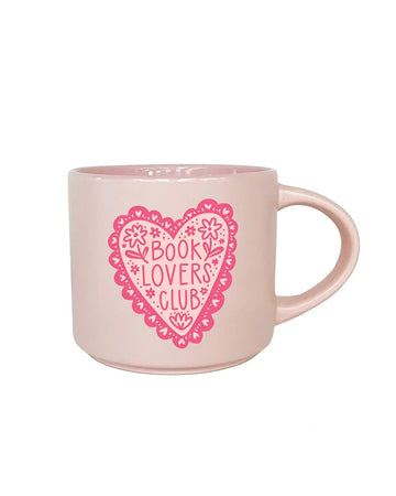 light pink 14 oz. ceramic mug with hot pink 'book lovers club' with pink heart design