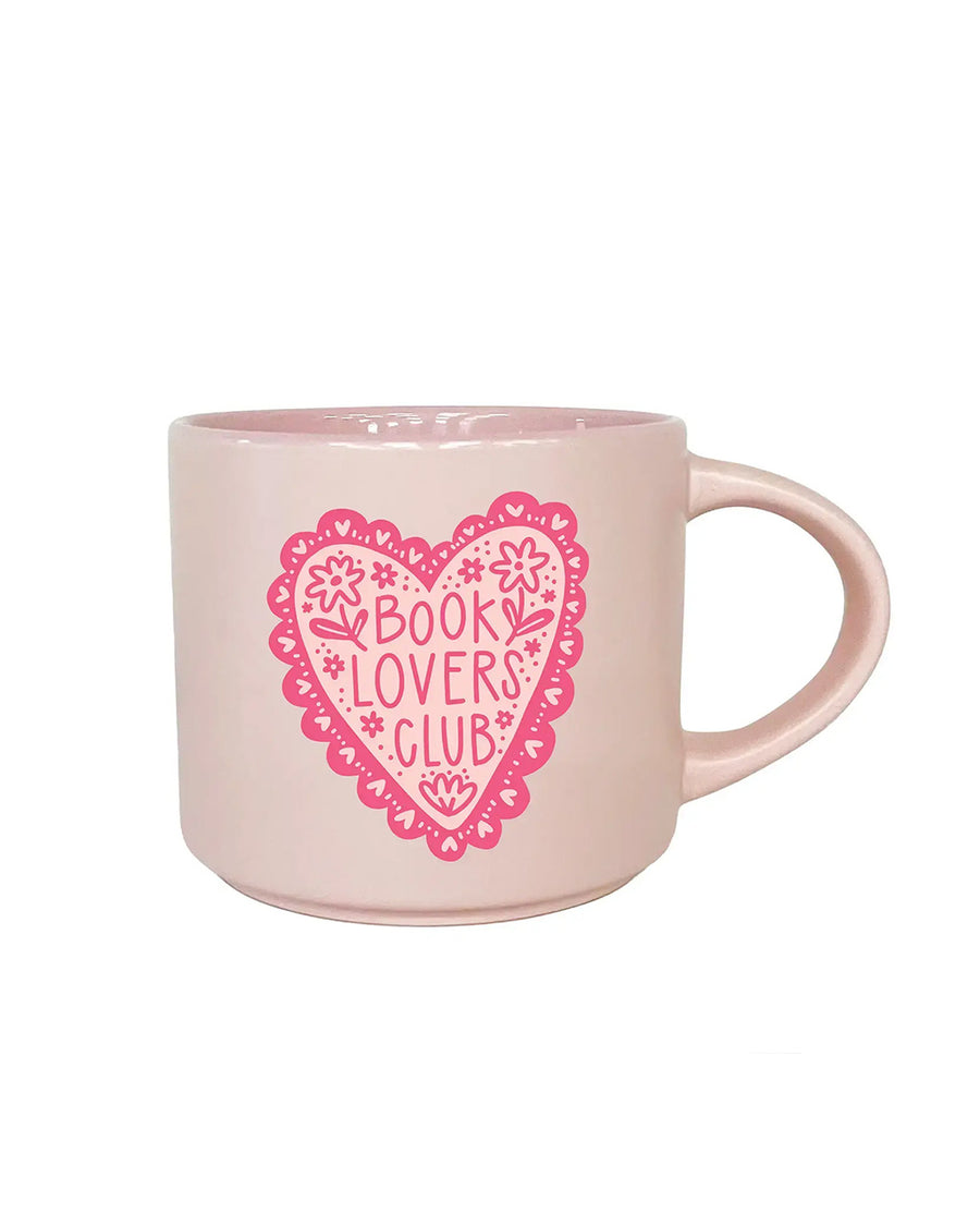 light pink 14 oz. ceramic mug with hot pink 'book lovers club' with pink heart design