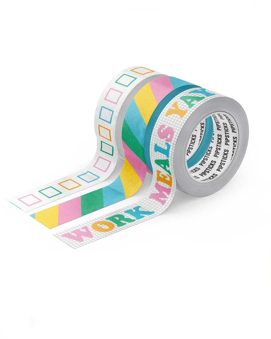 Set of three decorative washi tape rolls: 15mm x 10m roll of Checked Off Washi 15mm x 10m roll of Color Stripe Washi 15mm x 10m roll of On Task Washi