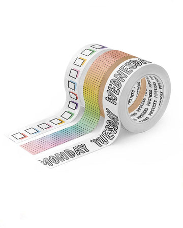 Set of 3 rolls of 15mm x 10m washi tape: white colorful grid, rainbow ombre dots and bubble font days of the week