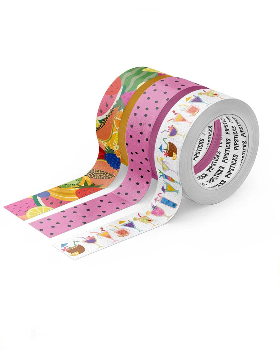 set of 3 rolls of decorative washi tape: 15mm x 10m roll of It's All Ripe Washi 15mm x 10m roll of Raise A Glass Washi 15mm x 10m roll of One In A Melon Washi