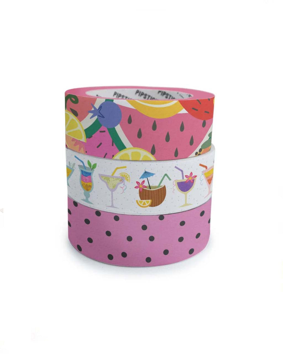 stacked set of 3 rolls of decorative washi tape: 15mm x 10m roll of It's All Ripe Washi 15mm x 10m roll of Raise A Glass Washi 15mm x 10m roll of One In A Melon Washi