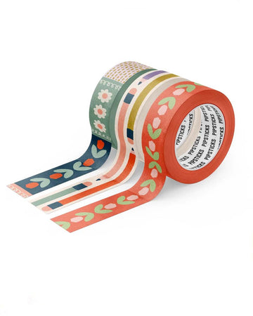 set of three decorative washi tape rolls: 15mm x 10m roll of Beautiful Books Washi 15mm x 10m roll of On Point Washi 15mm x 10m roll of Rosebud Washi