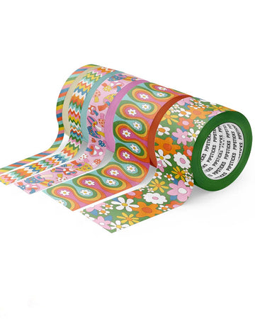 set of 5 various sizes decorative washi tape: 5mm x 10m roll of What's Your Angle Washi 10mm x 10m roll of Ripple Effect Washi 15mm x 10m roll of Mushrooms To The Max Washi 30mm x 10m roll of Wavy Daisy Washi 30mm x 10m roll of Superbloom Washi