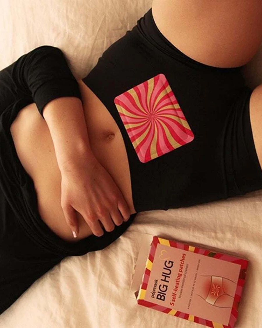 model using set of 5 self-heating menstrual cramp patches