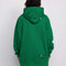 back view of model wearing kelly green hoodie with woodstock and snoopy print on sleeves