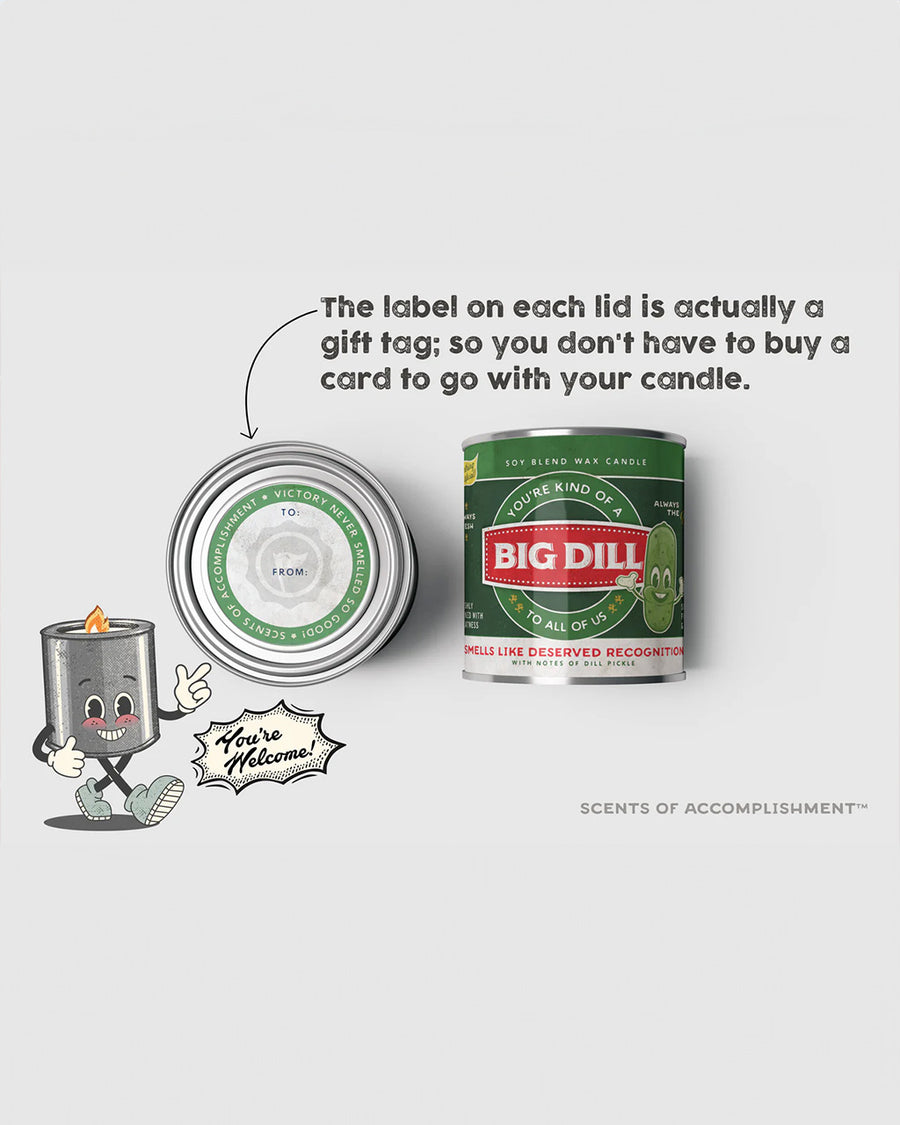 gift tag lid on 'you're kind of a big dill' candle