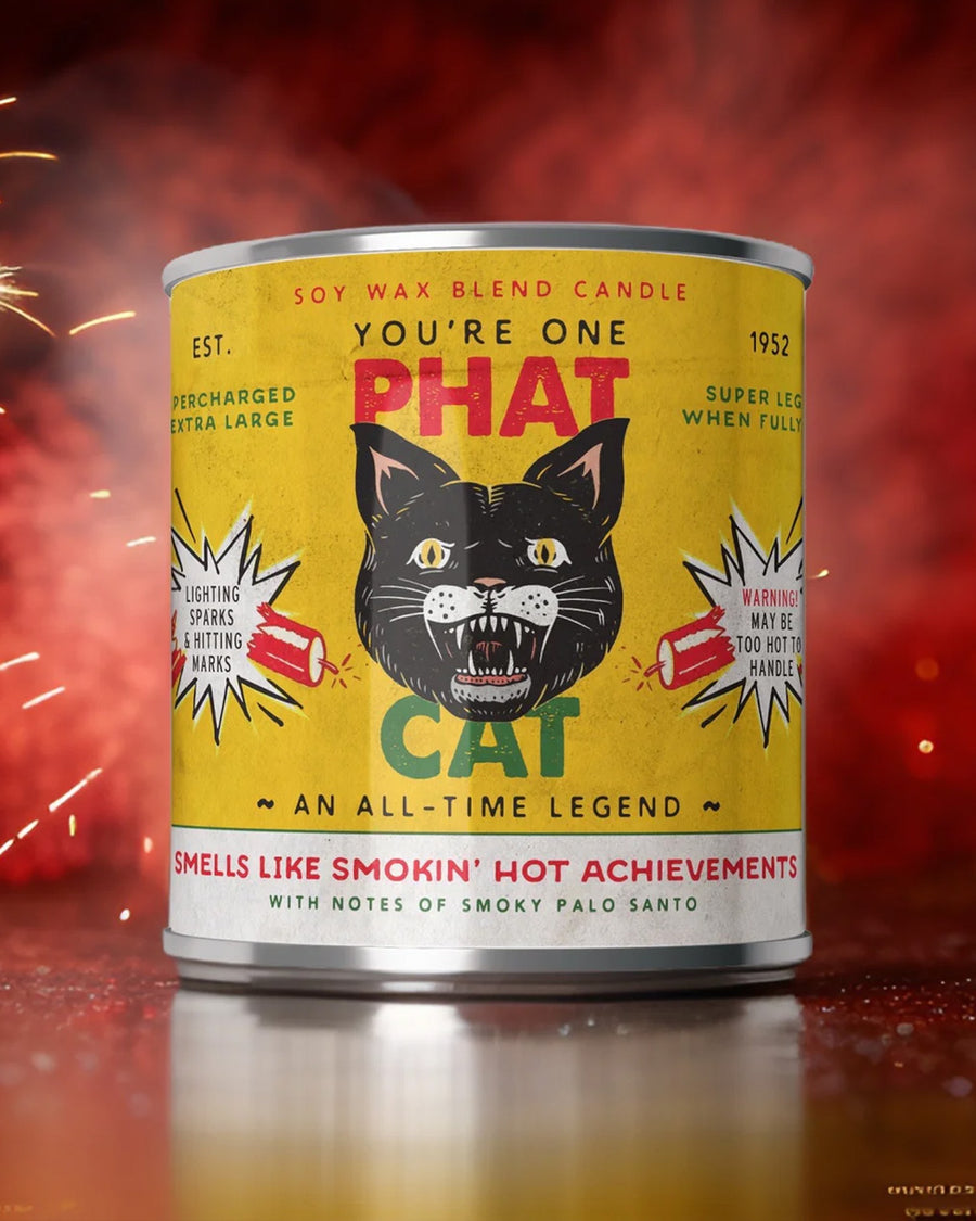 'phat cat' palo santo scented candle on fireworks background