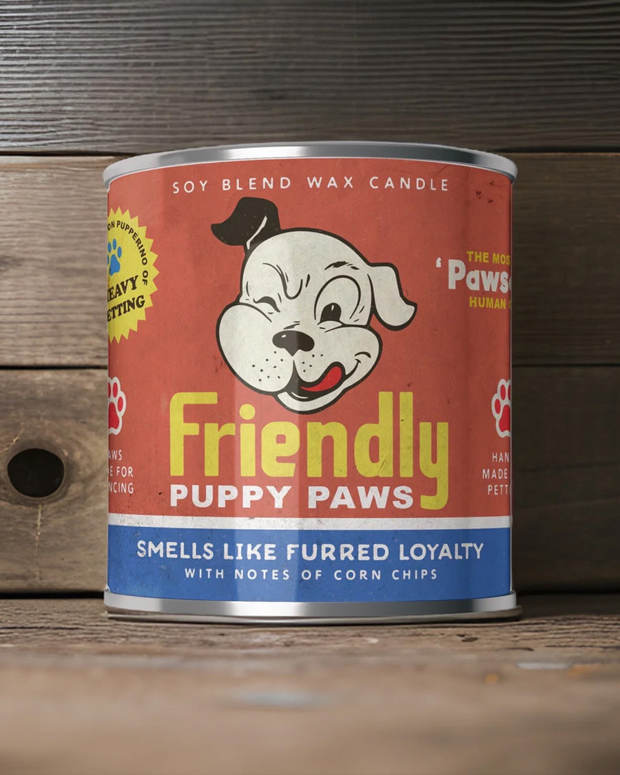 'friendly puppy paws' corn chips scented candle on a wood background