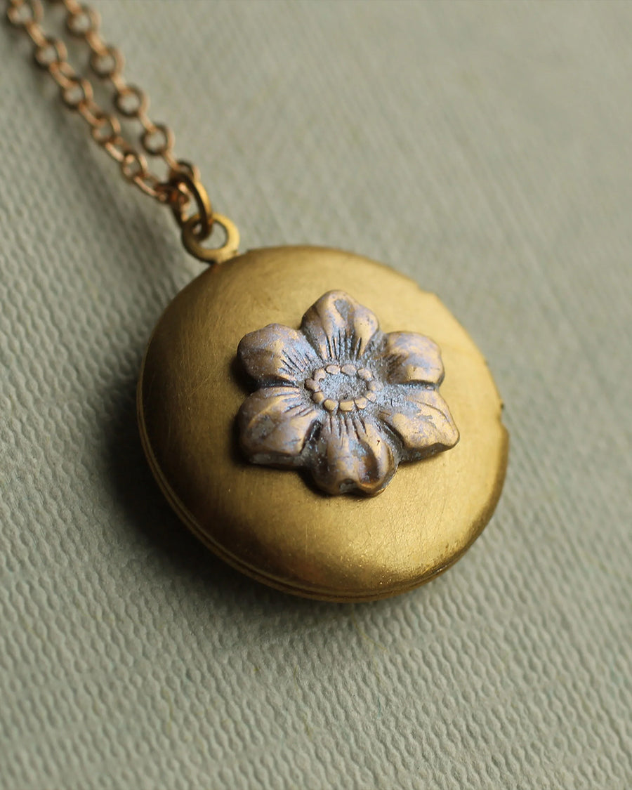 brass forget me not flower locket necklace